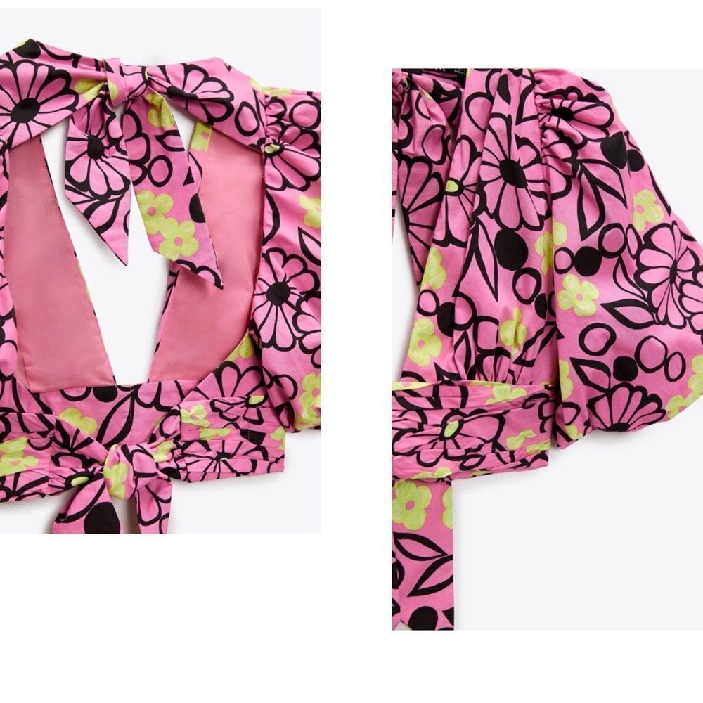 𝅺ZARA Fuchsia floral V neck balloon sleeve crop top pink yellow black Sz S NWT - Picture 3 of 8